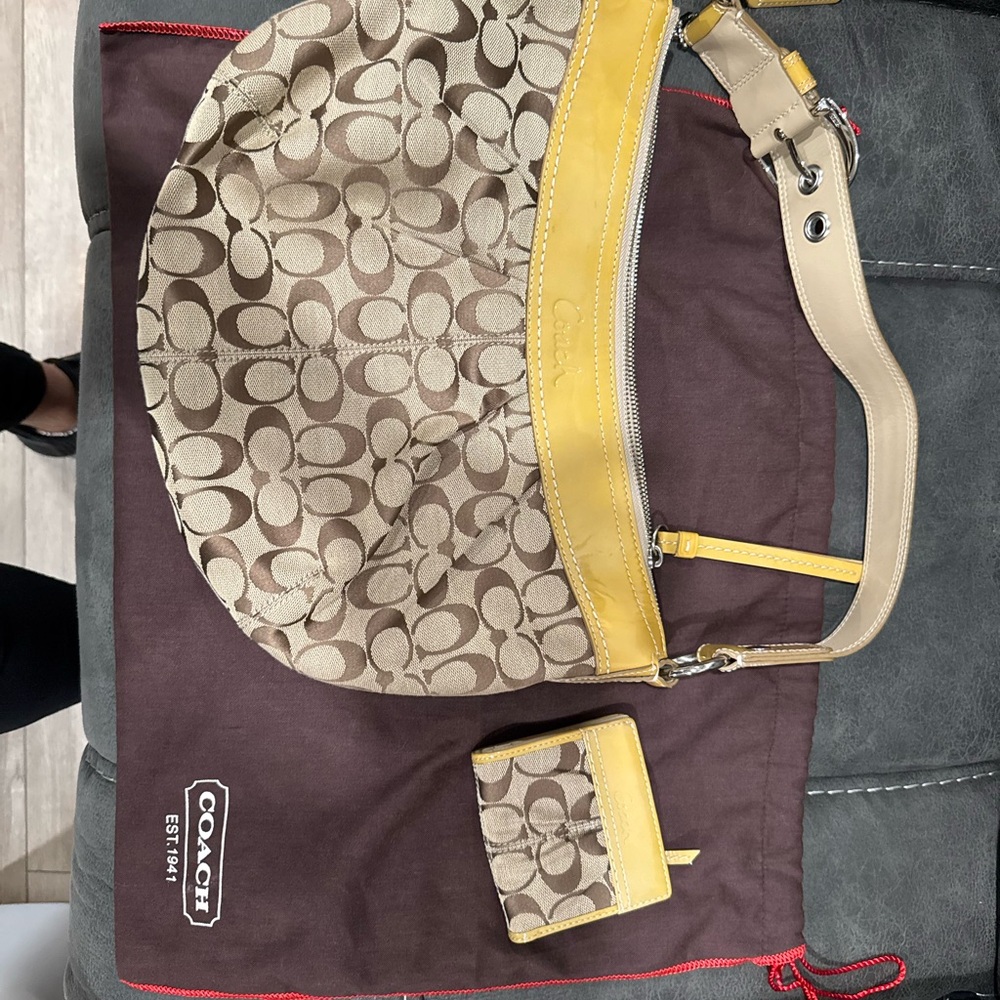 Coach Tan and Yellow Signature Shoulder Bag